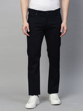 Genips Men's Navy Cotton Stretch Rico Slim Fit Solid 5 Pocket Trouser